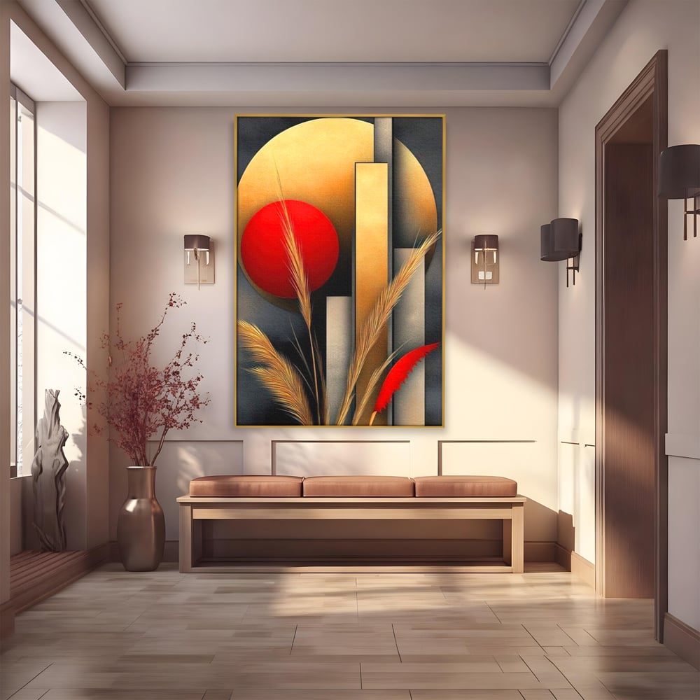 Tablou canvas cu tablou canvas cu forme geometrice si spice, in rama de aluminiu auriu